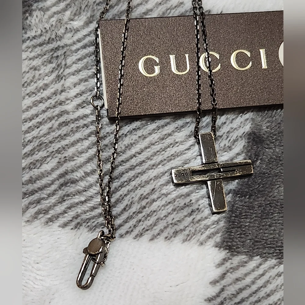 Gucci Cutout G Cross Necklace Black Ruthenium Sterling Silver - Picture 3 of 14